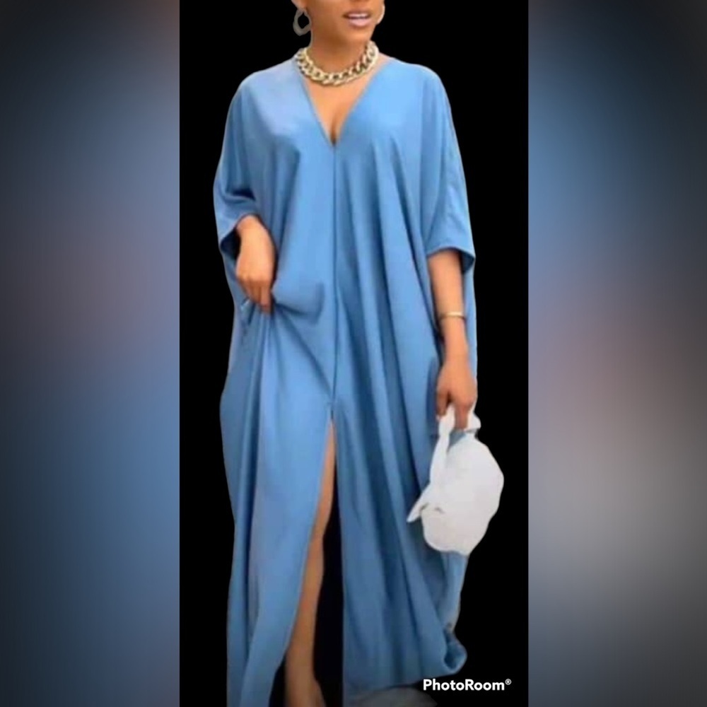 ZiIXLUXE Luxury silk Long LONG KAFTAN  MAXI DRESS Blue One Size
